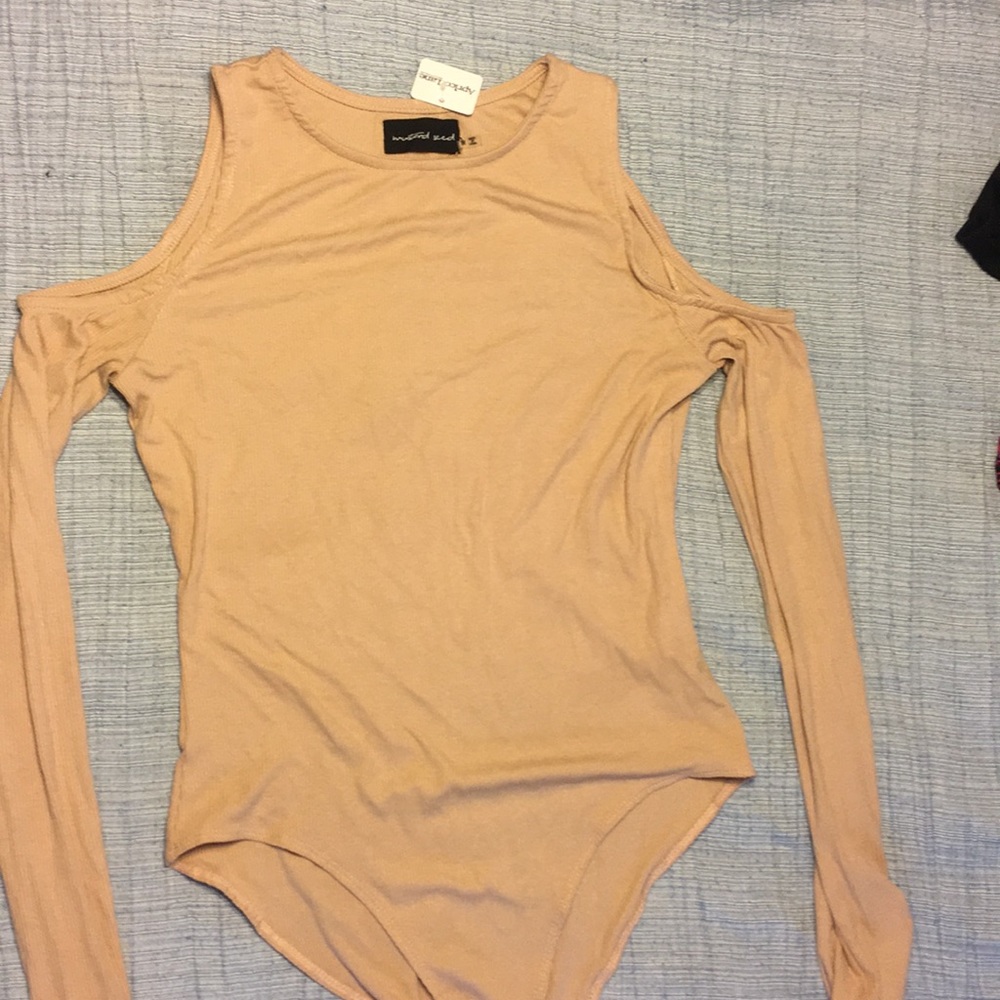 Blush/nude cold shoulder body suit